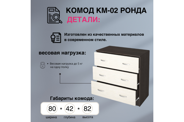 Комод с ящиками КМ-02 "РОНДА" (Улучшенная фурнитура)